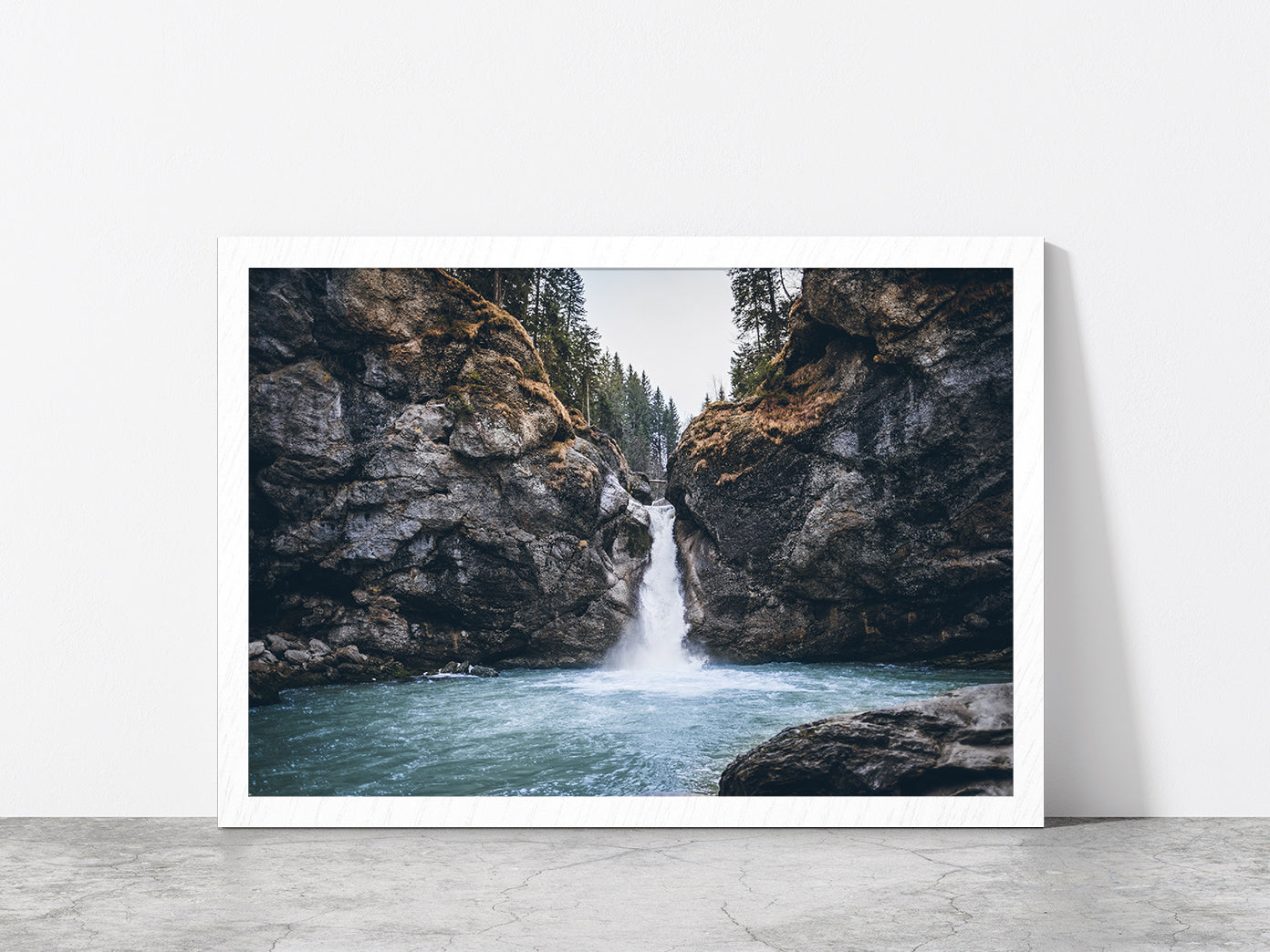 Forest In a Rocky Waterfall Glass Framed Wall Art, Ready to Hang Quality Print Without White Border White