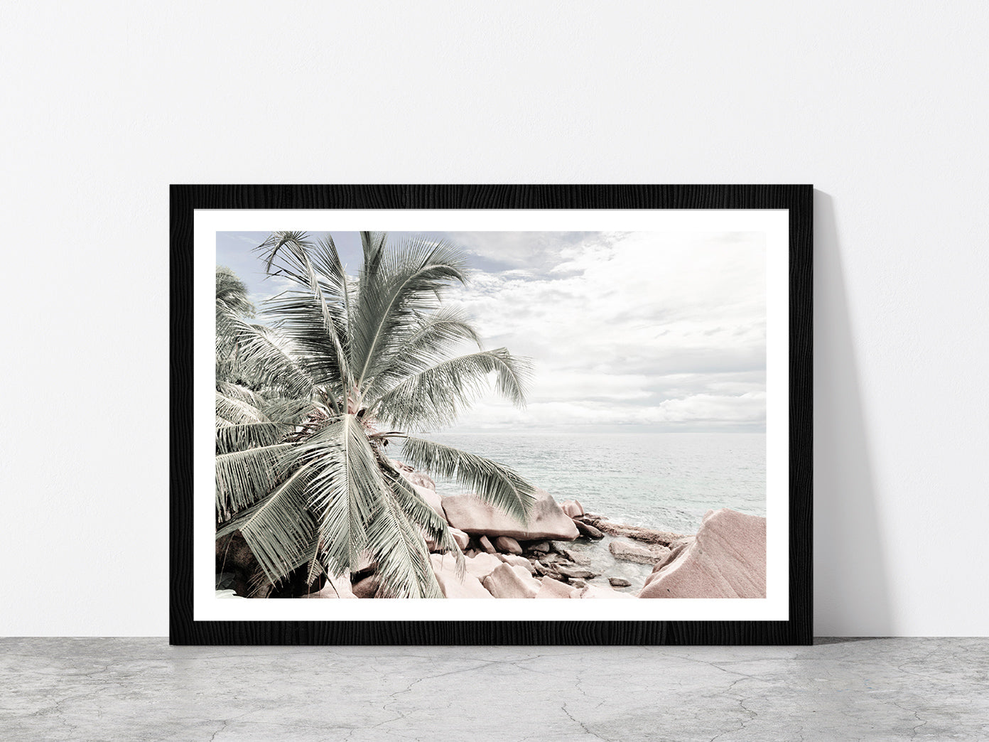 Palm Tree & Rocks near Sea View Photograph Glass Framed Wall Art, Ready to Hang Quality Print With White Border Black