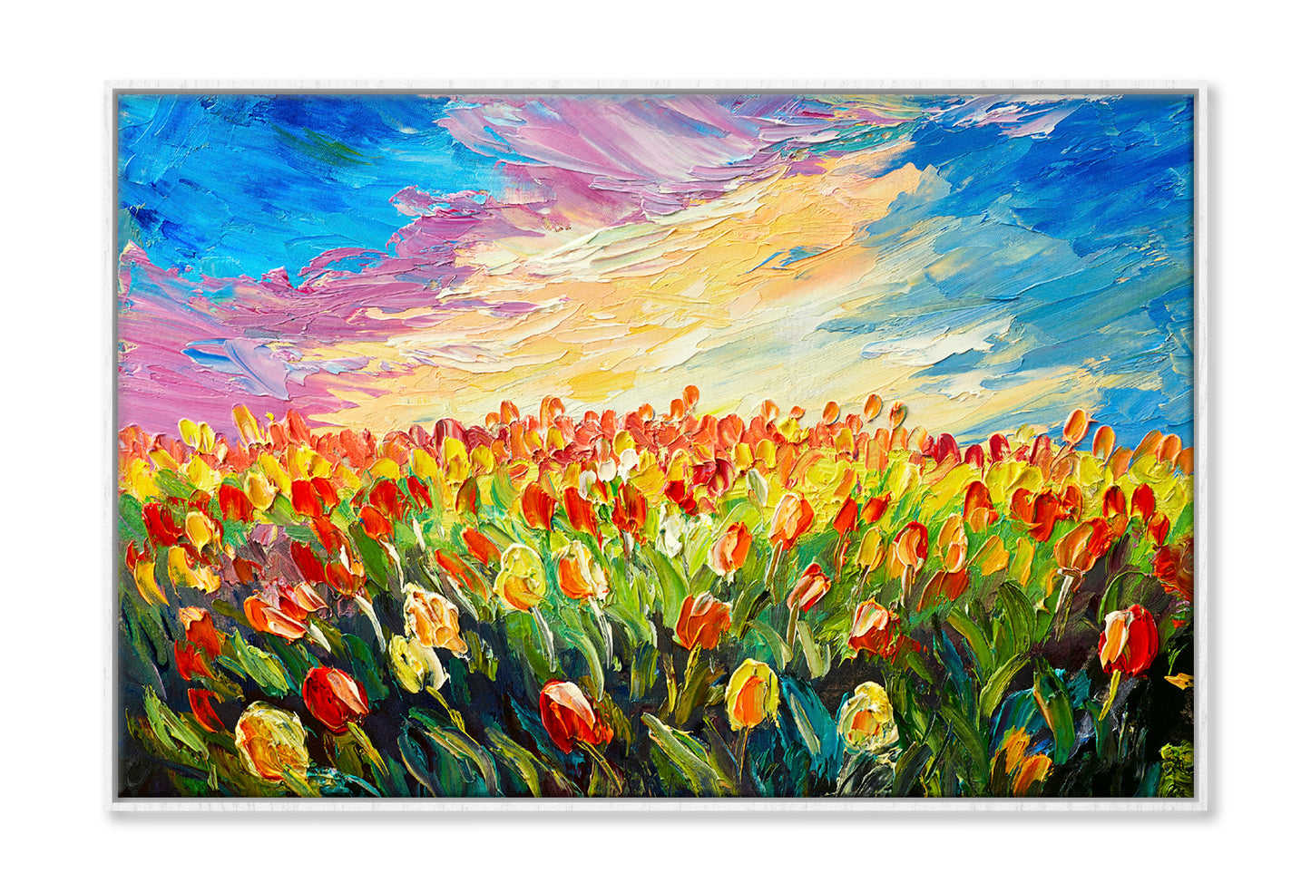 Tulips Flower Field under Sunrise Sky Oil Painting Wall Art Limited Edition High Quality Print Canvas Box Framed White