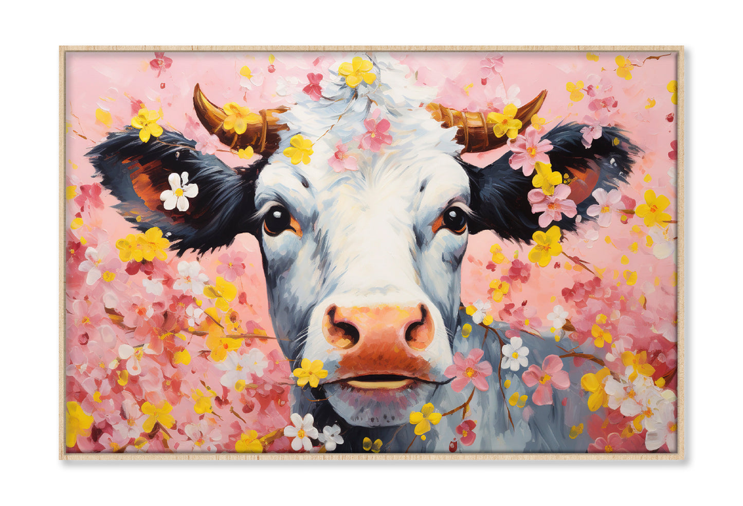 Cow Face in Blossom Flowers Oil Painting Wall Art Limited Edition High Quality Print Canvas Box Framed Natural