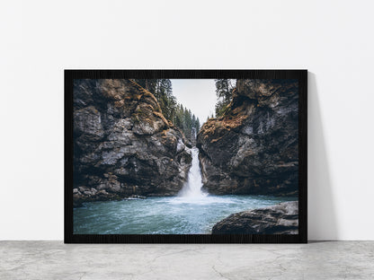 Forest In a Rocky Waterfall Glass Framed Wall Art, Ready to Hang Quality Print Without White Border Black