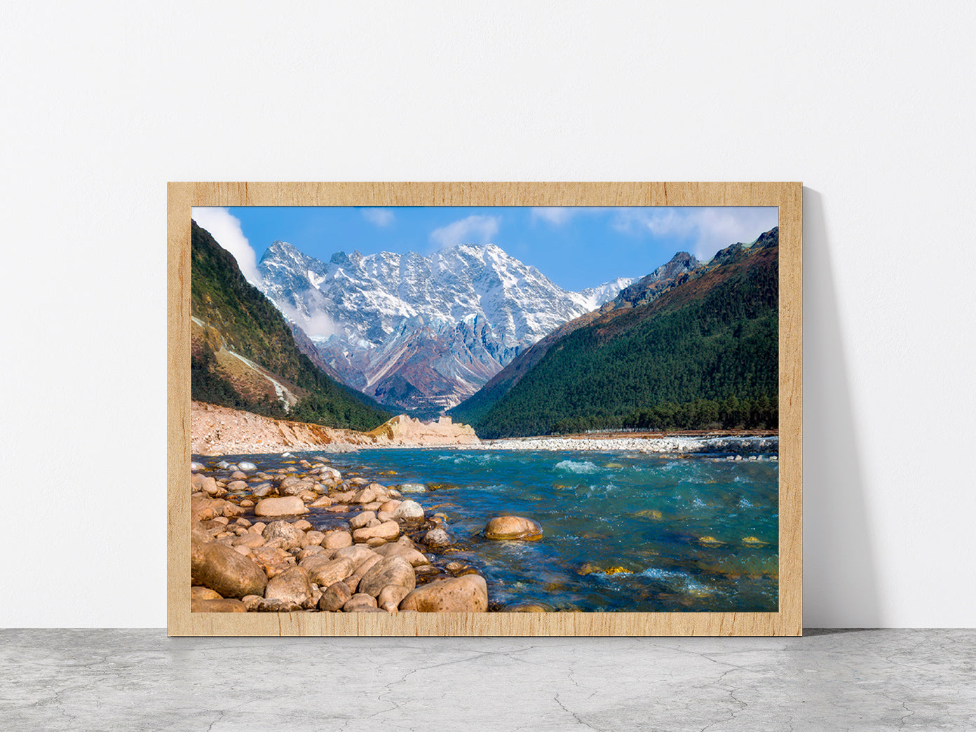 Yumthang Valley With River Teesta Glass Framed Wall Art, Ready to Hang Quality Print Without White Border Oak