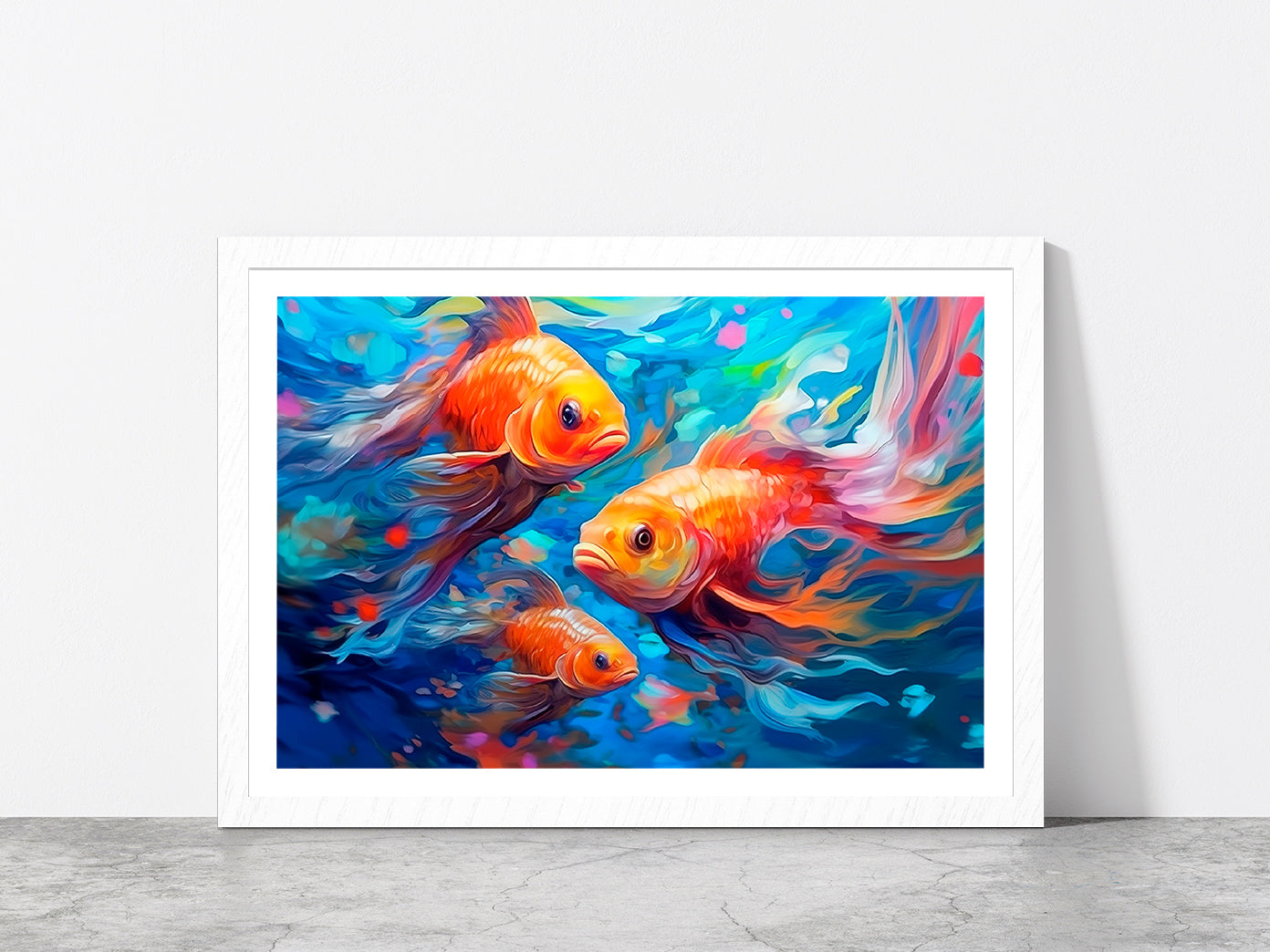 Underwater World With Beautiful Fishes Glass Framed Wall Art, Ready to Hang Quality Print With White Border White