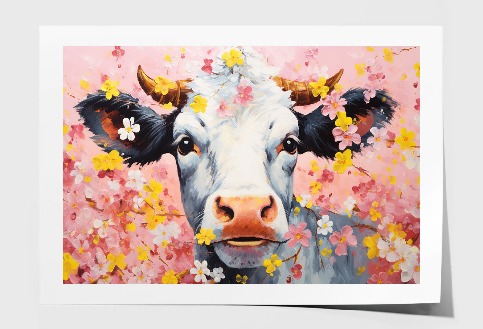 Cow Face in Blossom Flowers Oil Painting Wall Art Limited Edition High Quality Print Unframed Roll Canvas None