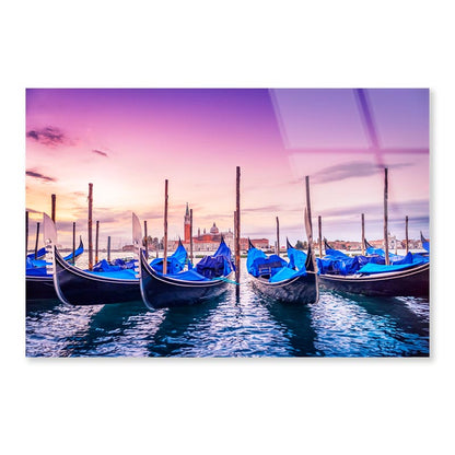 Gondolas Lined Up in The Water at Sunset Acrylic Glass Print Tempered Glass Wall Art 100% Made in Australia Ready to Hang