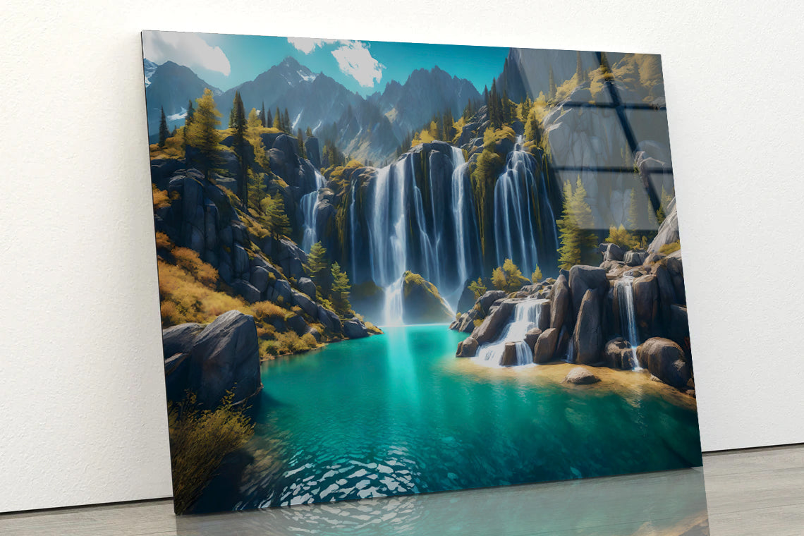 Waterfall, Mountains & Clear Blue Sky Acrylic Glass Print Tempered Glass Wall Art 100% Made in Australia Ready to Hang - Bella Home Decor