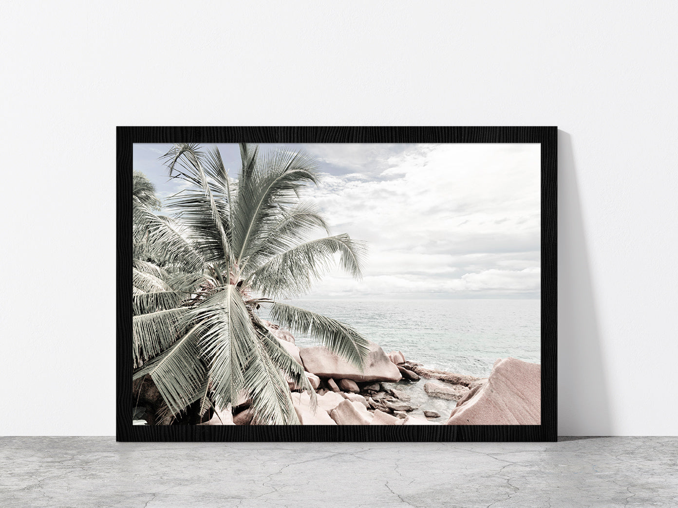 Palm Tree & Rocks near Sea View Photograph Glass Framed Wall Art, Ready to Hang Quality Print Without White Border Black
