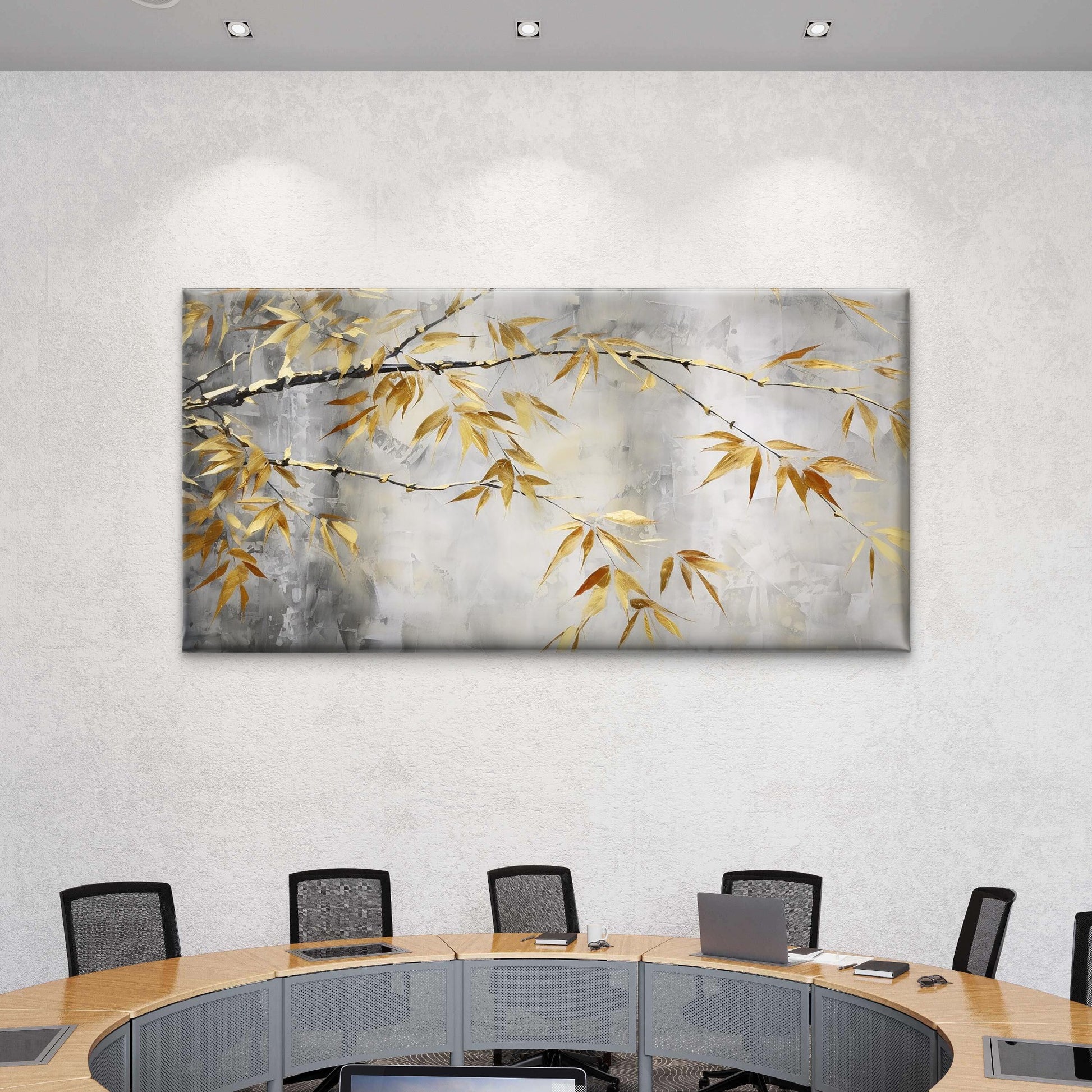 Golden Zen Bamboo Leaf Branch Wall Art Canvas Office Home Room Framed 120x60cm - Bella Home Decor