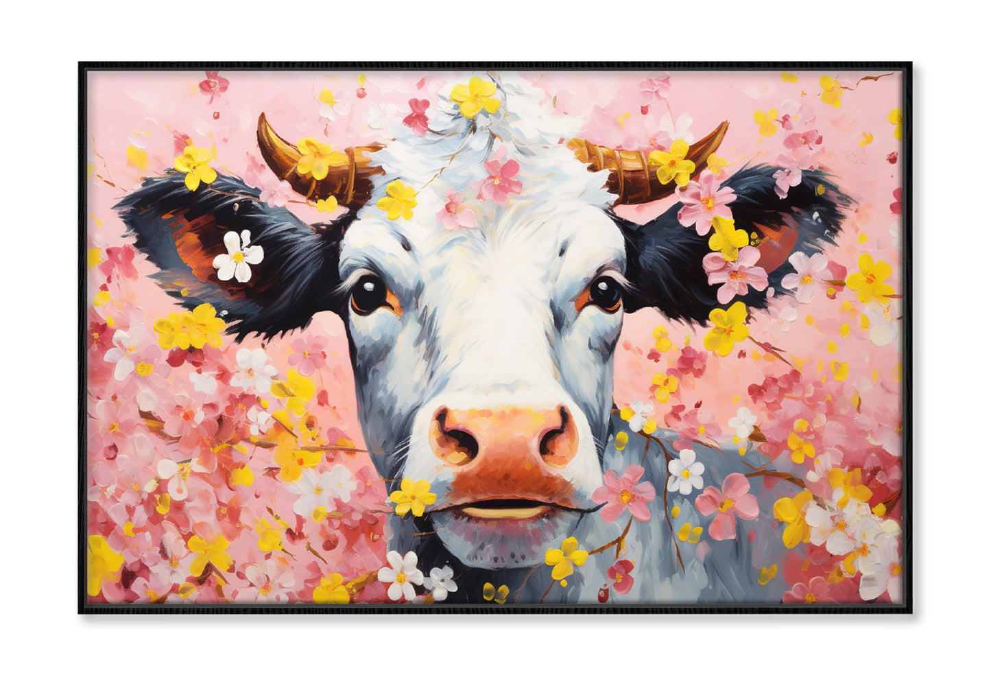 Cow Face in Blossom Flowers Oil Painting Wall Art Limited Edition High Quality Print Canvas Box Framed Black