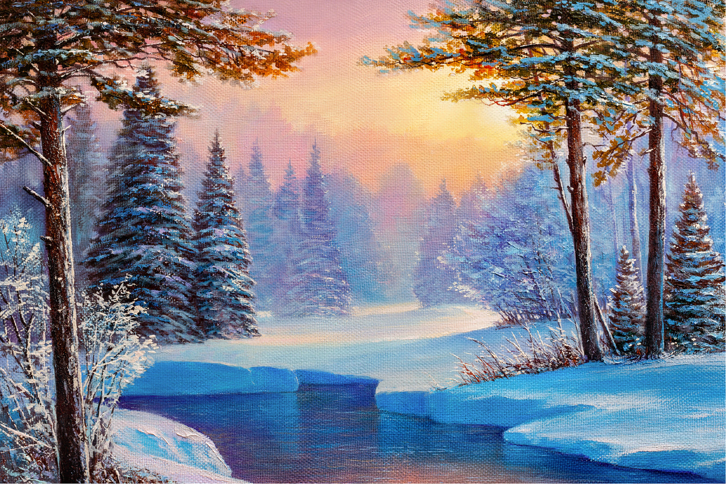 Winter Landscape With The River Glass Framed Wall Art, Ready to Hang Quality Print