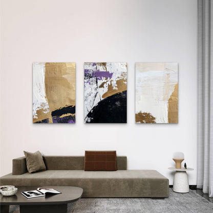 3pcs Modern Abstract Purple Gold Black  Wall Art Set Canvas Framed 40x60cm - High Quality Print 100% Australian Made Wall Canvas Ready to Hang