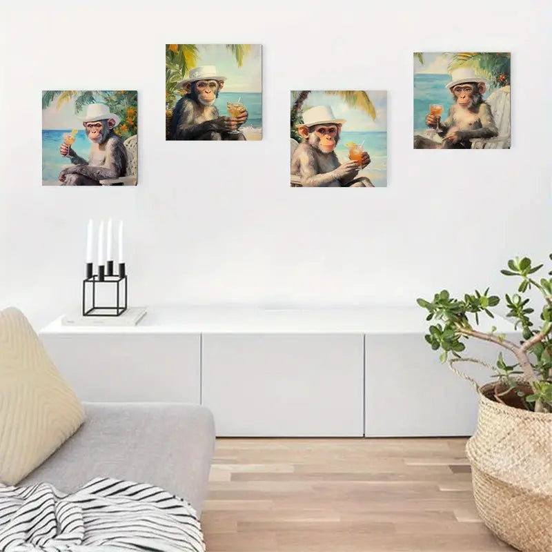 4pcs Chic Monkey Cocktail Canvas Art Prints Wall Art Canvas Framed