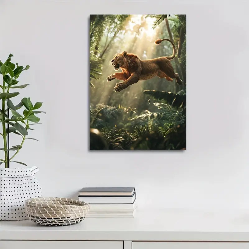 Lion Jumping in Jungle Golden Hour Scene 40x60cm Metal Print Ready to Hang - Bella Home Decor
