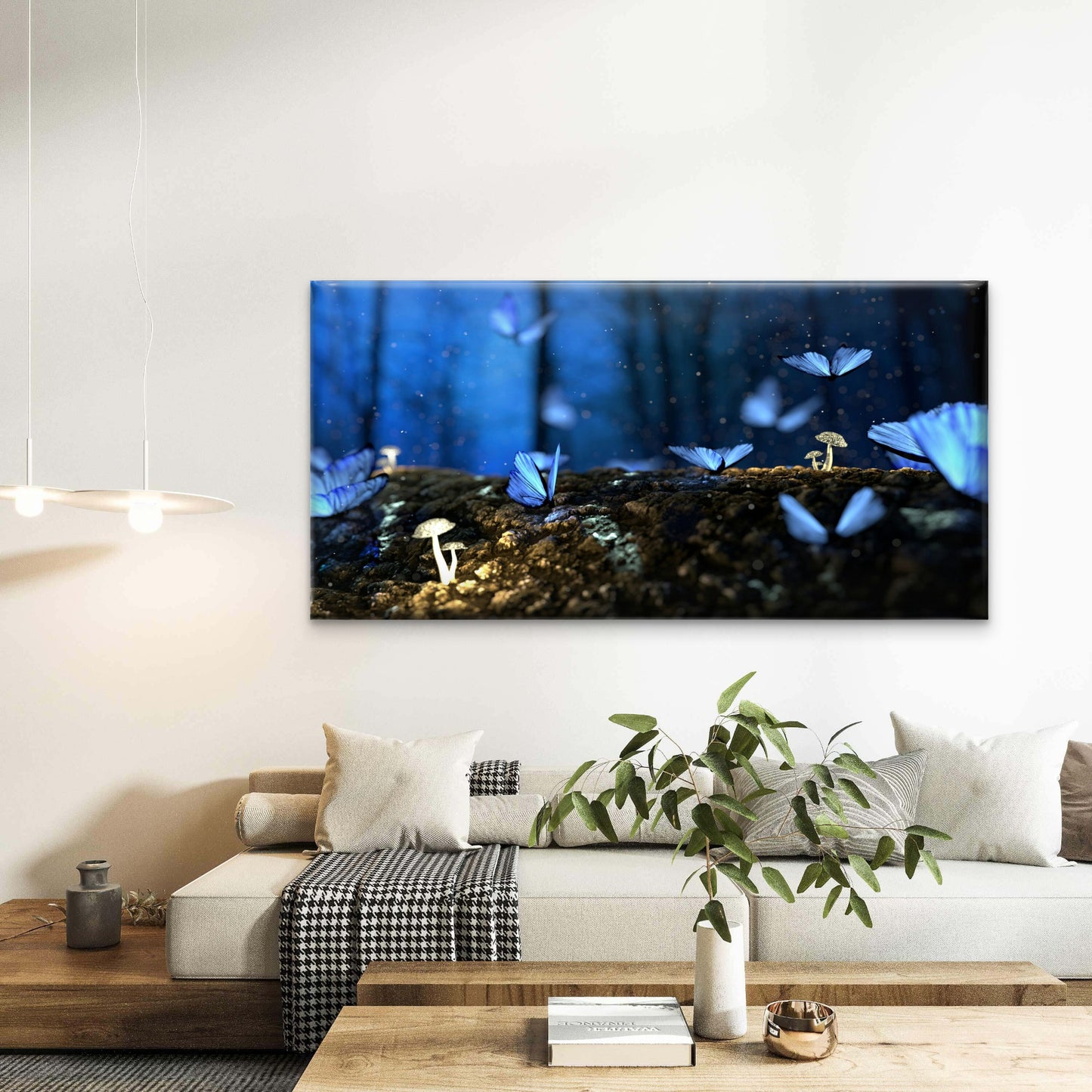 Blue Butterflies In A Forest Wall Art Canvas Office Home Room Framed 120x60cm