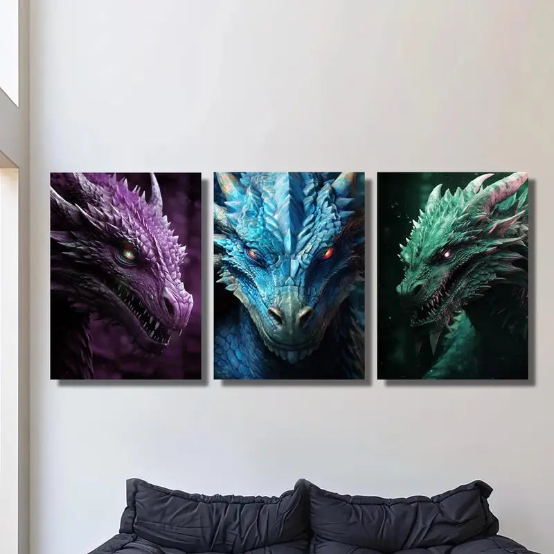 3pcs Vibrant Dragon Canvas Art Prints Metal Print Ready to Hang Art