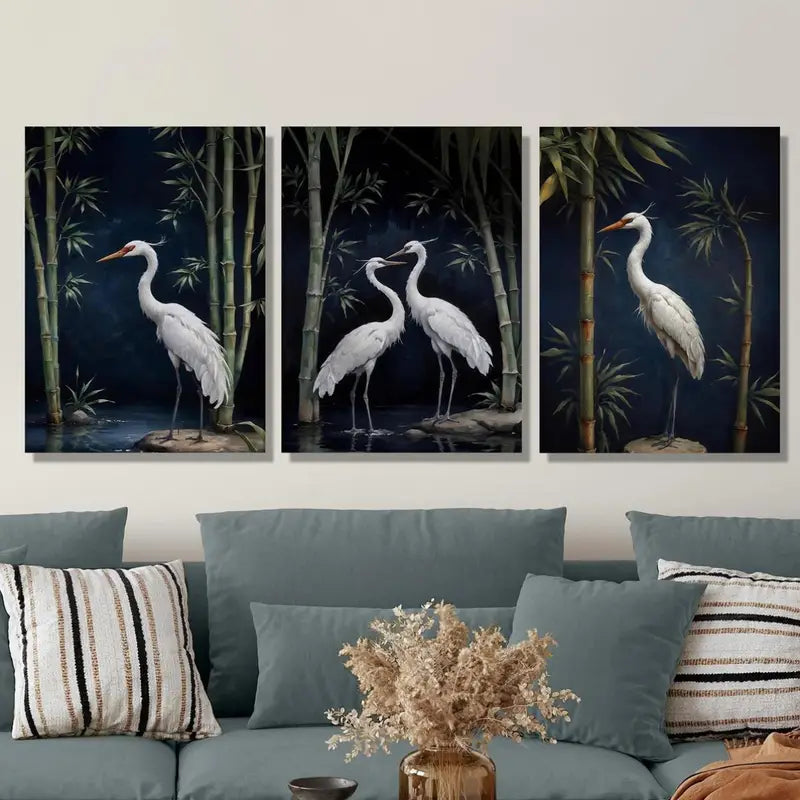 3pcs Vintage Japanese Crane, Elegant Bird And Bamb Metal Print Ready to Hang Art