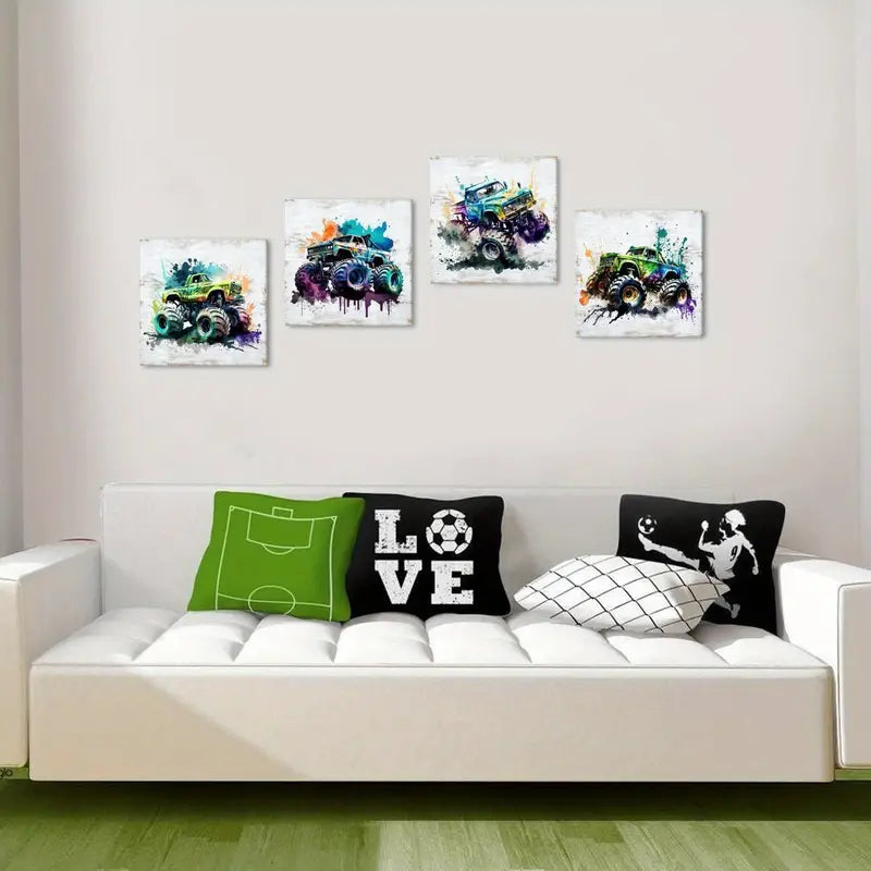 4pcs Vibrant Monster Truck Wall Art Canvas Framed
