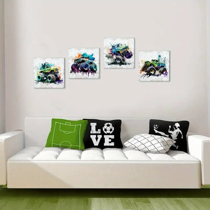 4pcs Vibrant Monster Truck Wall Art Canvas Framed