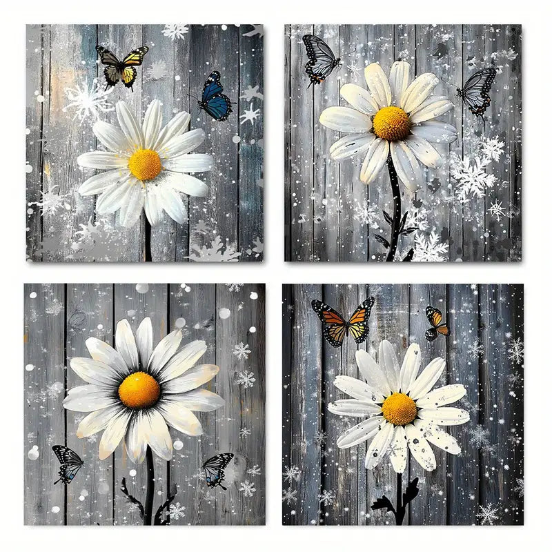 4pcs Daisy Flowers And Butterflies Wall Art Canvas Framed