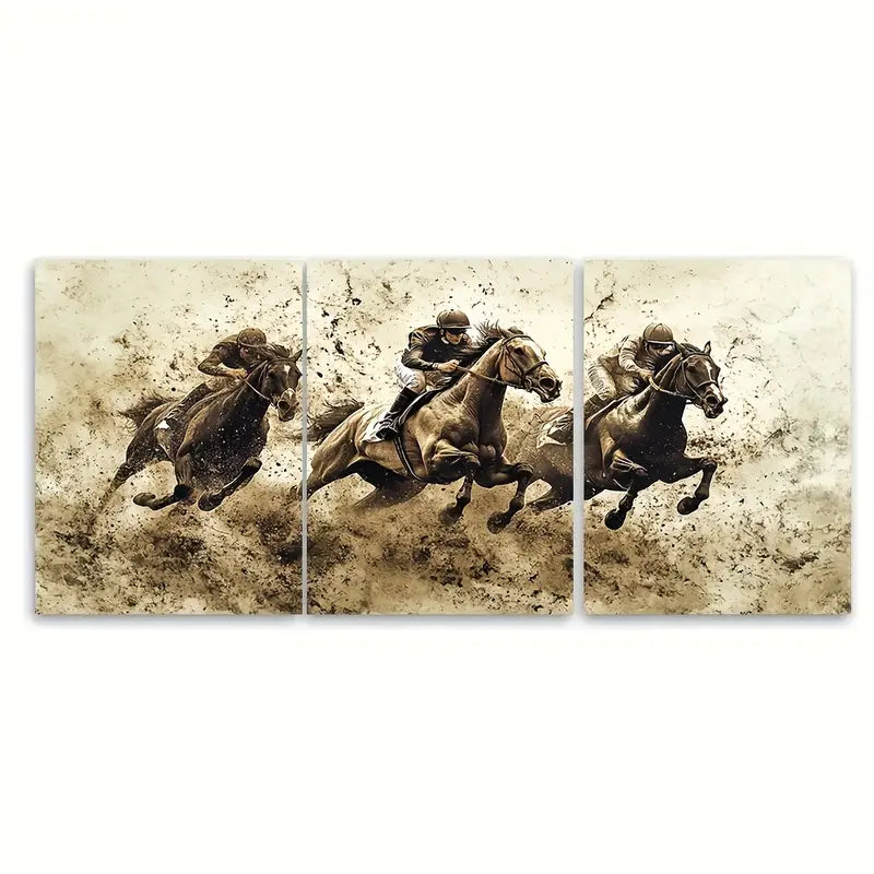 3pcs Vintage Horse Racing Wall Art Set Canvas Framed 50x70cm - High Quality Print 100% Australian Made Wall Canvas Ready to Hang