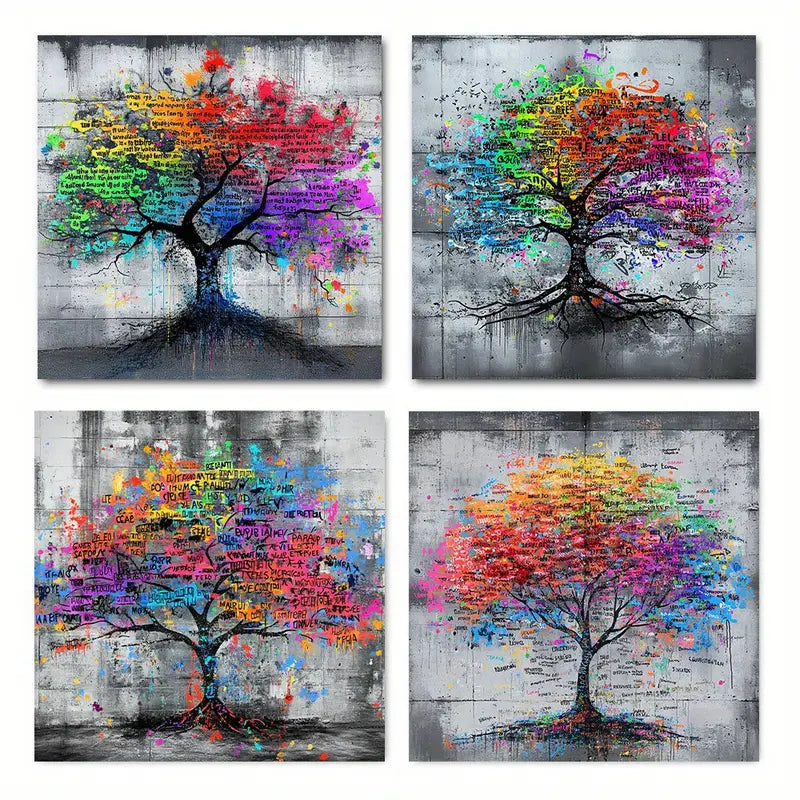 4pcs  Colorful Graffiti Tree Paintings GH    Wall Art Canvas Framed