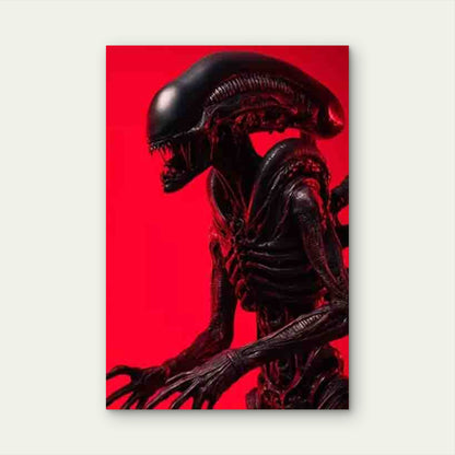 Alien Creature in Vibrant Red Background 60x90cm Metal Print Ready to Hang