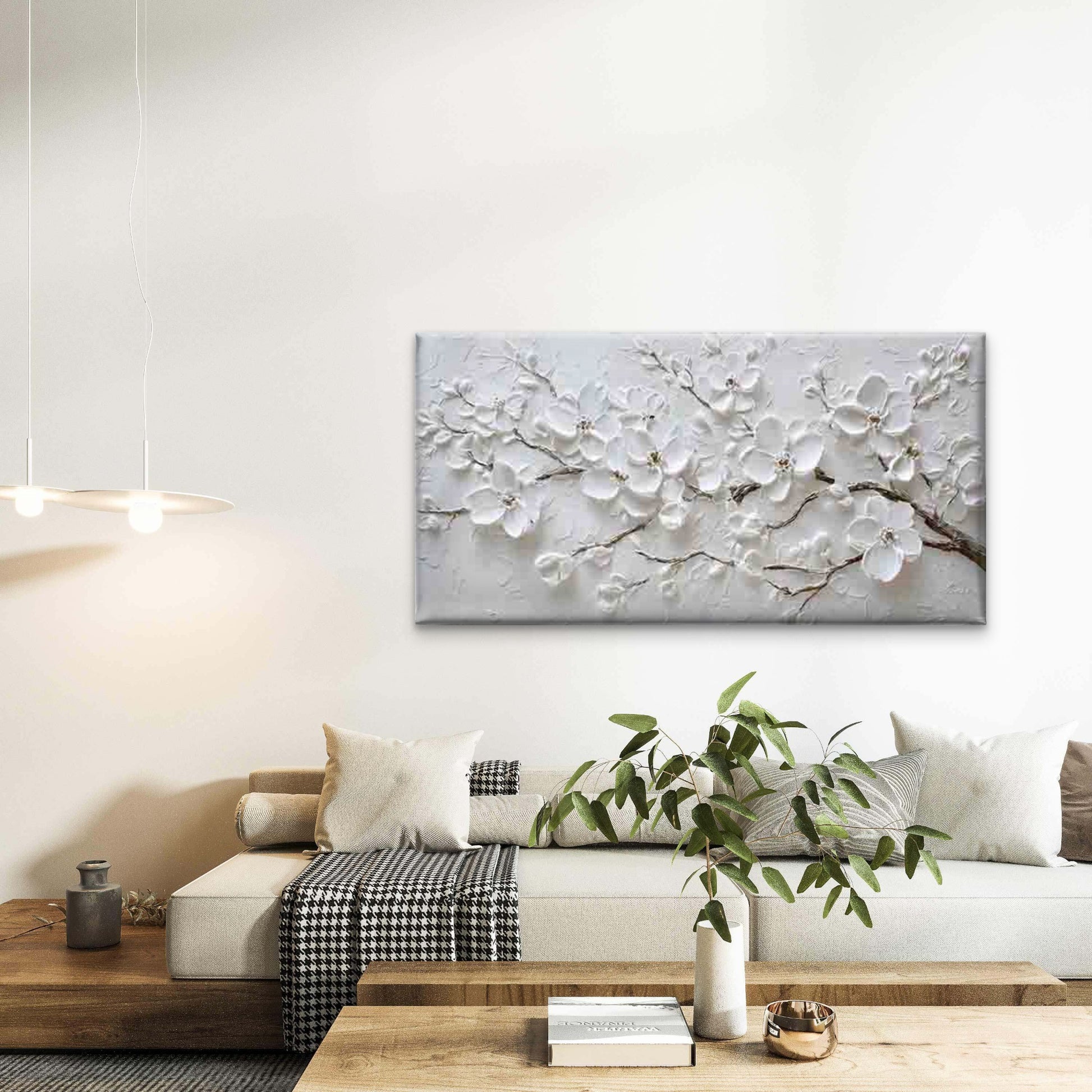 Abstract White Blossoms Wall Art Canvas Office Home Room Framed 120x60cm - Bella Home Decor