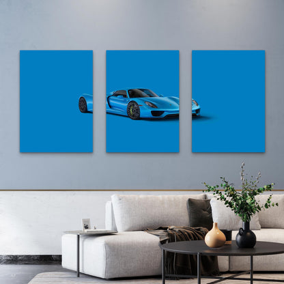 3pcs Cerulean Blue European Hybrid Hypercar Metal Print Ready to Hang Art