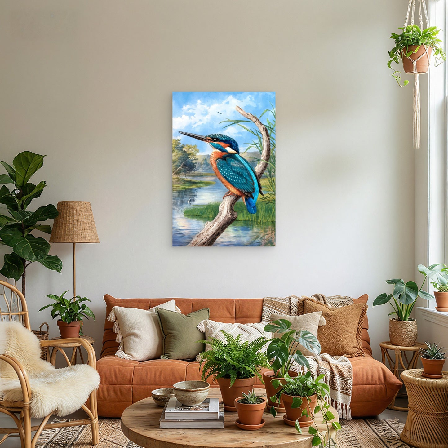 Painting Bird With Blue Yellow Head Lake Background 40x60cm Metal Print Ready to Hang