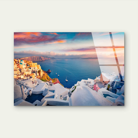 Oia Santorini Greece Sunset Ocean View Acrylic Glass Printing Wall Art Australian Made Quality