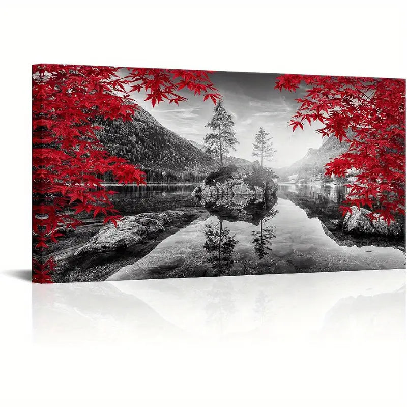 Autumn Forest Black White & Red Wall Art canvas office home room framed 120x60cm - Bella Home Decor