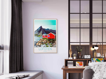 Lofoten In Norway, Lake View & Red House Travel Poster Print Wall Art