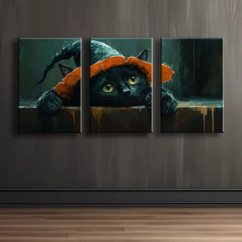 3pcs Black Cat & Witch Hat Canvas Metal Print Ready to Hang Art - Bella Home Decor