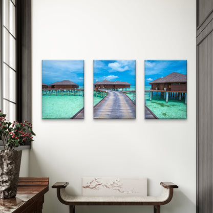 3pcs Maldives Overwater Bungalow Tropical Ocean Wall Art Set Canvas Framed 60x90cm - High Quality Print 100% Australian Made Wall Canvas Ready to Hang