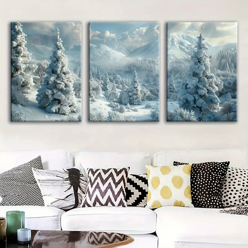 3pcs Snowy Mountain Landscape With Pine Trees Metal Print Ready to Hang Art