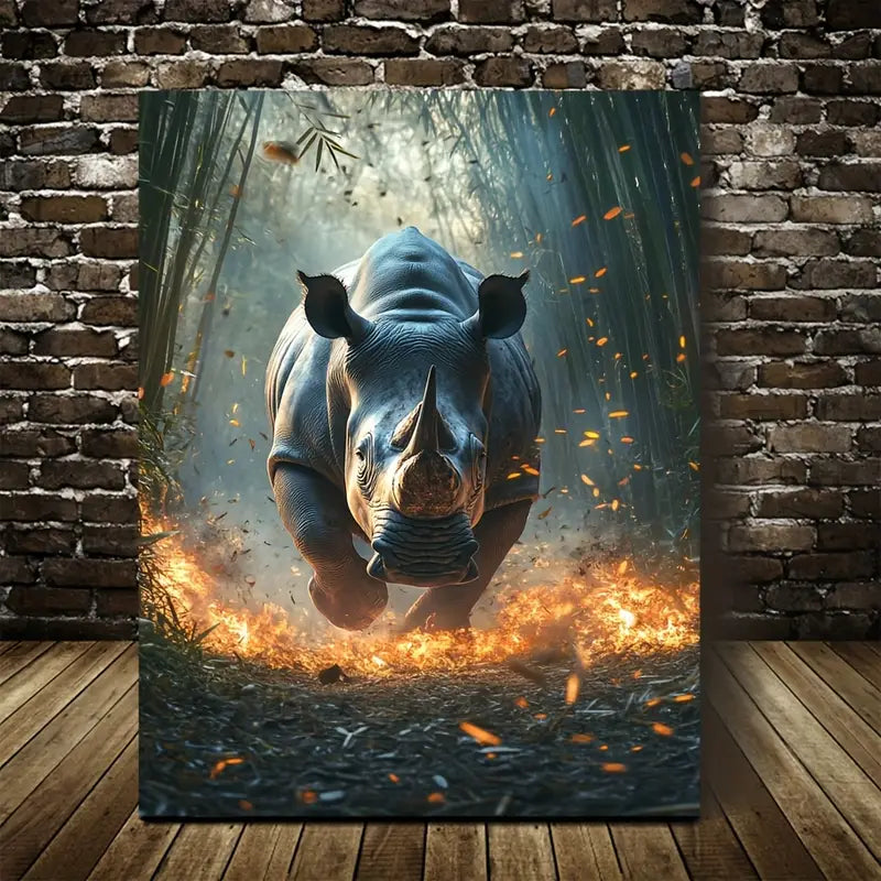 Dreamlike Rhino in Bamboo Grove with Glowing 40x60cm Metal Print Ready to Hang - Bella Home Decor