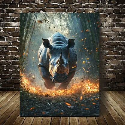 Dreamlike Rhino in Bamboo Grove with Glowing 40x60cm Metal Print Ready to Hang - Bella Home Decor