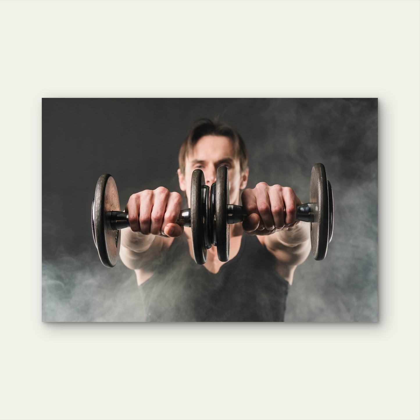Man Lifting Dumbbells In Smoke Gym Fitness 5mm thick Plastic Poster Ready to Hang 90x60cm