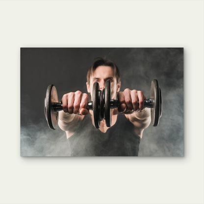 Man Lifting Dumbbells In Smoke Gym Fitness 5mm thick Plastic Poster Ready to Hang 90x60cm