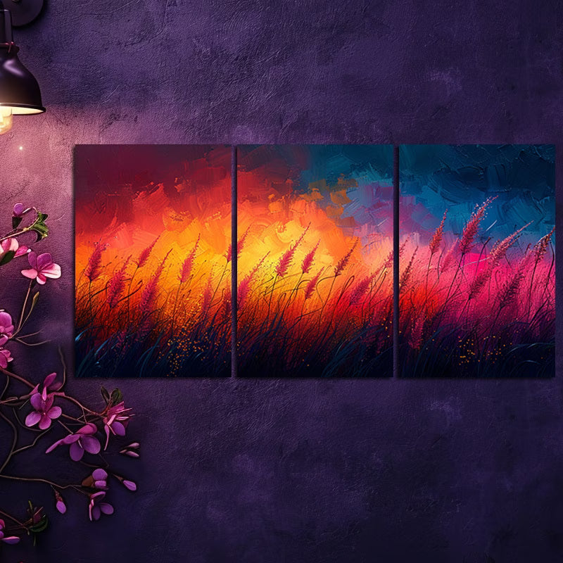 3pcs Vibrant Abstract Tall Grass Scene at Sunset Wall Art Set Canvas Framed 60x90cm - High Quality Print 100% Australian Made Wall Canvas Ready to Hang