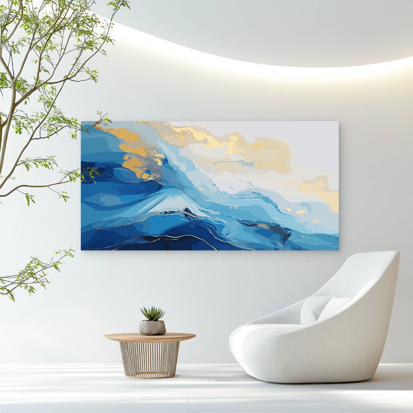 Golden Blue Ocean Waves Wall Art Canvas Office Home Room Framed 120x60cm