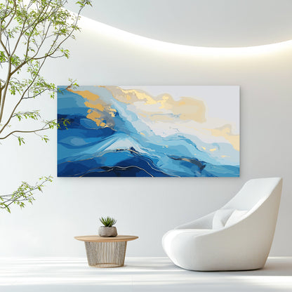 Golden Blue Ocean Waves Wall Art Canvas Office Home Room Framed 120x60cm