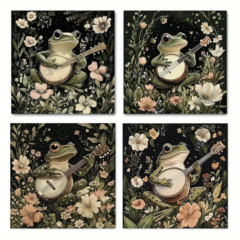 4pcs  Green Music Flower Frog Themed Wall Art Canvas Framed