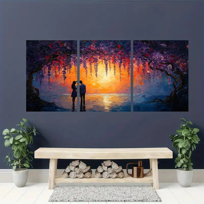 3pcsRomantic Couple Under Blooming Purple Wisteria Metal Print Ready to Hang Art