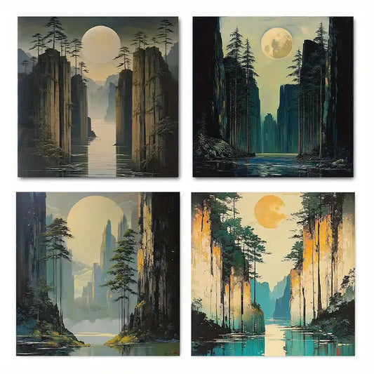 4pcs  Serene Moonlit Mountain & Lake Scenes ER   Wall Art Canvas Framed