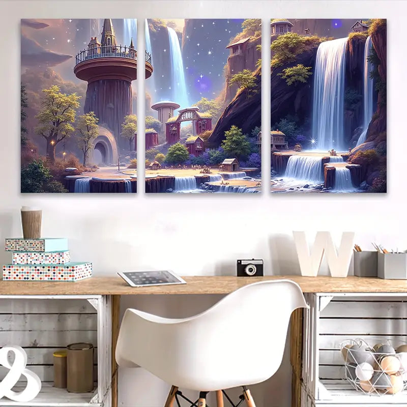 3pcs Fantasy Waterfall Forest Landscape Scene Wall Art Set Canvas Framed 50x70cm - High Quality Print 100% Australian Made Wall Canvas Ready to Hang