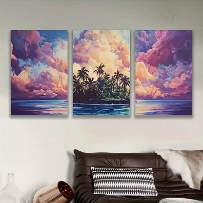 3pcs Palm Trees Cloudy Sunset Scene Wall Art Set Canvas Framed 40x60cm - High Quality Print 100% Australian Made Wall Canvas Ready to Hang