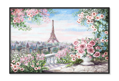 Eiffel Tower View from Roses with Leaves Balcony Painting Wall Art Limited Edition High Quality Print Canvas Box Framed Black