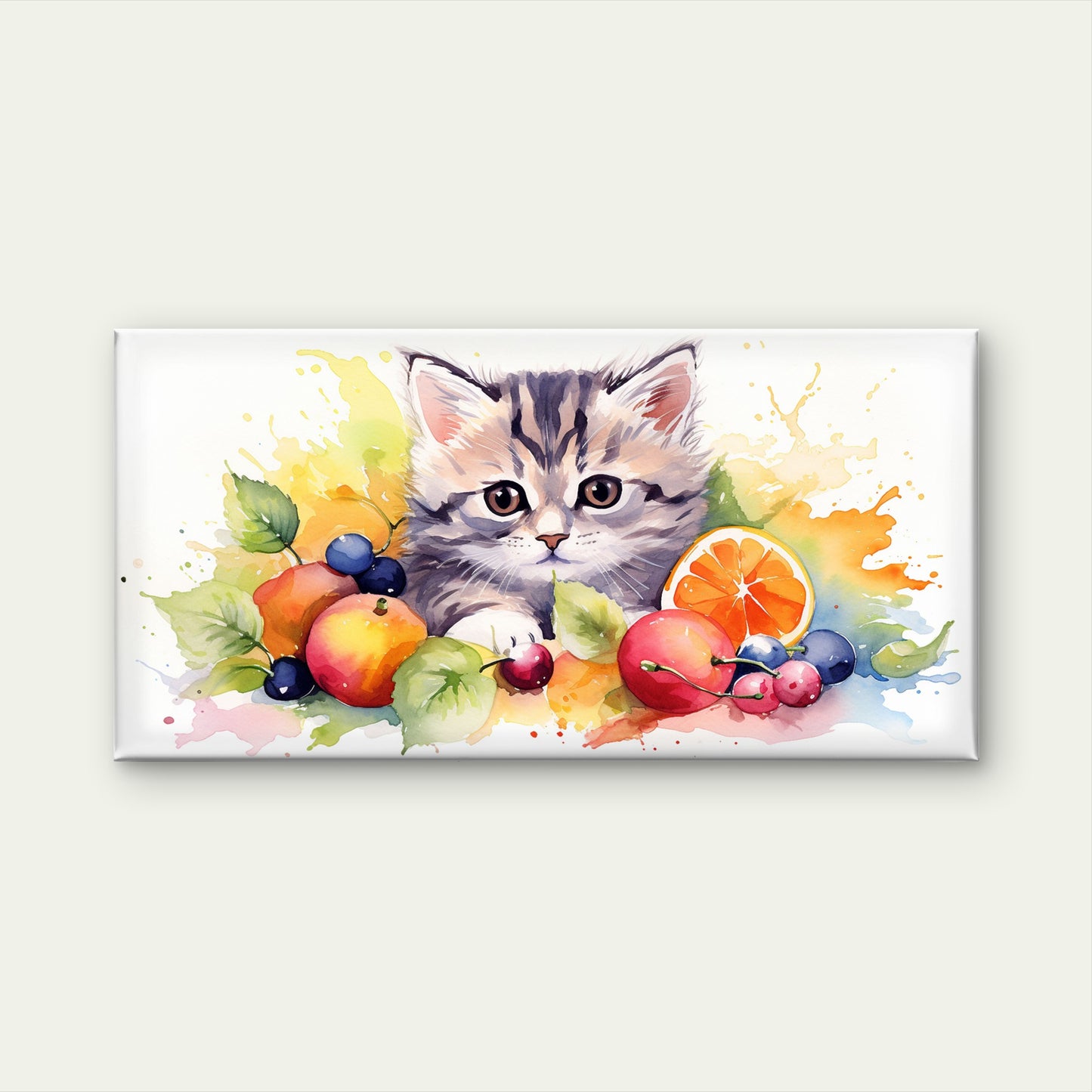 Cute Watercolor Kitten Fruit Wall Art Canvas Office Home Room Framed 120x60cm - Bella Home Decor