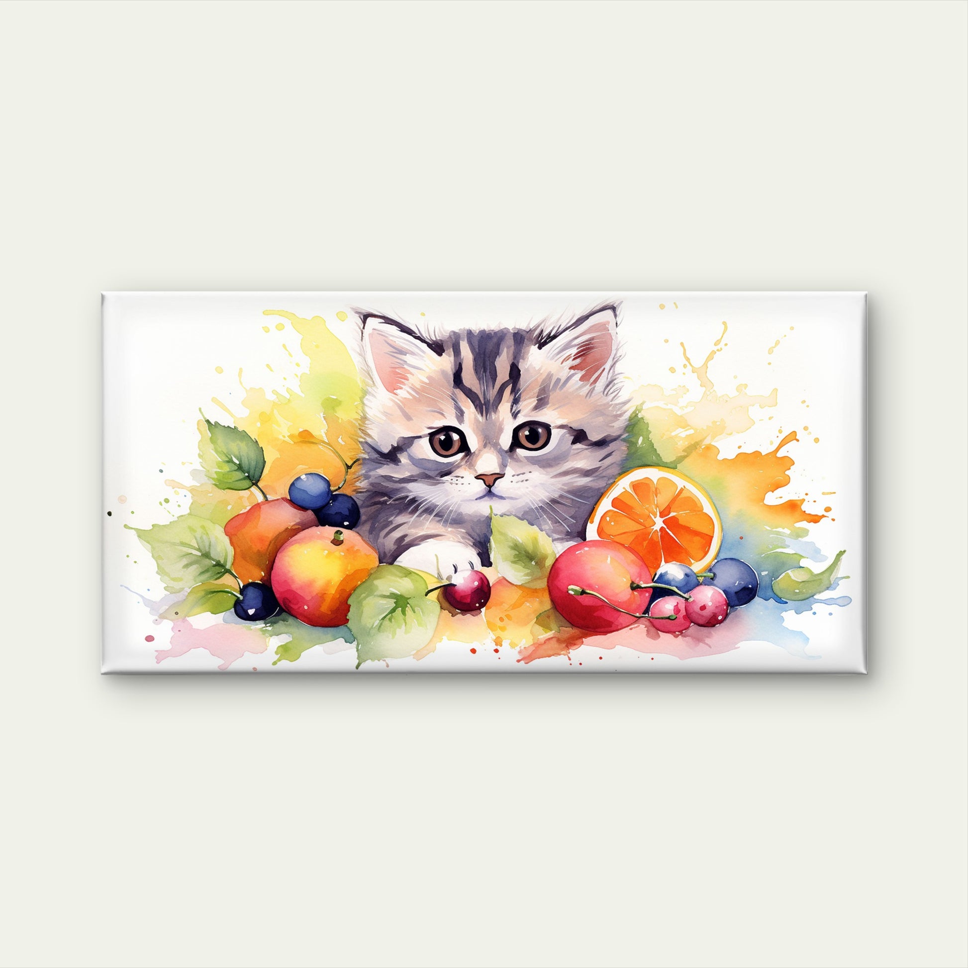 Cute Watercolor Kitten Fruit Wall Art Canvas Office Home Room Framed 120x60cm - Bella Home Decor